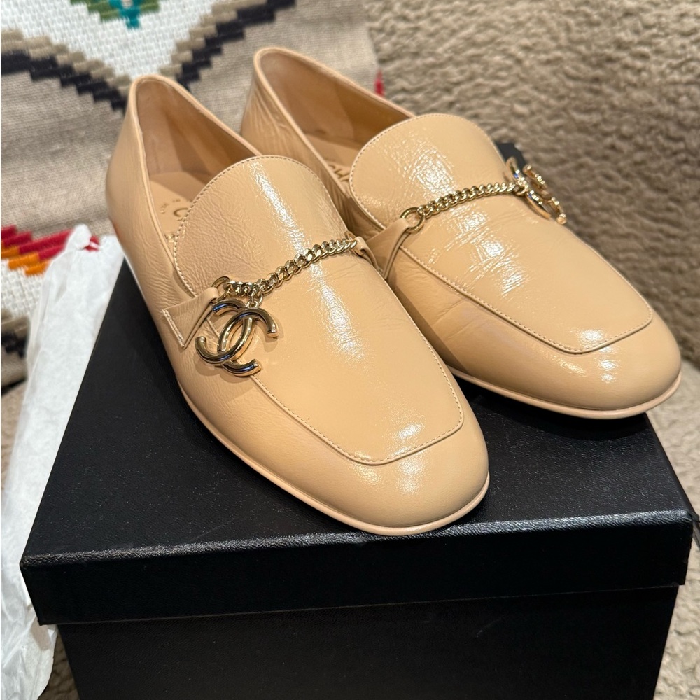 CHANEL Women's Tan Loafers with Gold Accent
